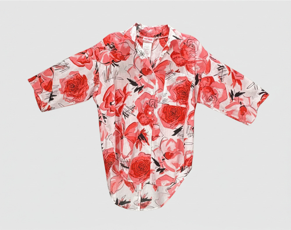 Vintage Hot Stuff Shirt Women's Red Floral Large Button Up USA Made 80s 90s